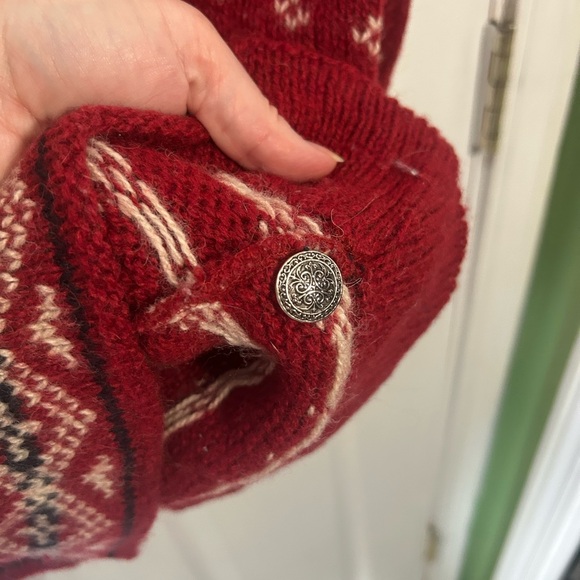 L.L. Bean Vintage Men’s Large red Nordic Fair Isle wool-blend sweater 1/4 button - Picture 8 of 13